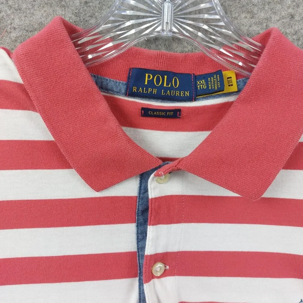Polo Ralph Lauren Classic Fit Polo Shirt XXL Pink White Stripe Pony Logo Cotton
